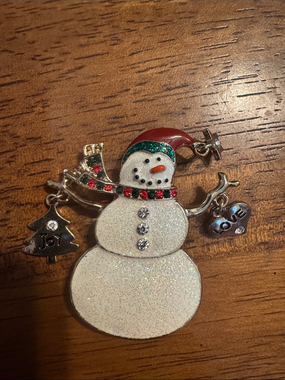 Vintage Glitter kc Snowman Holiday brooch with Red Hat
